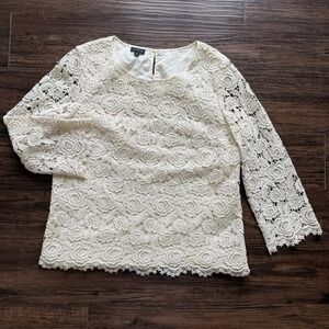 Talbots Floral Cotton Lace Blouse Size 12 Cream Ivory Scalloped 3/4 Sleeve